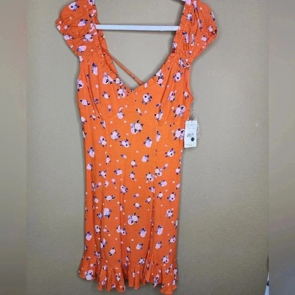 Free People Like a Lady Orange Citrus Floral Mini Dress Lace Up Back S NWT - Picture 2 of 16